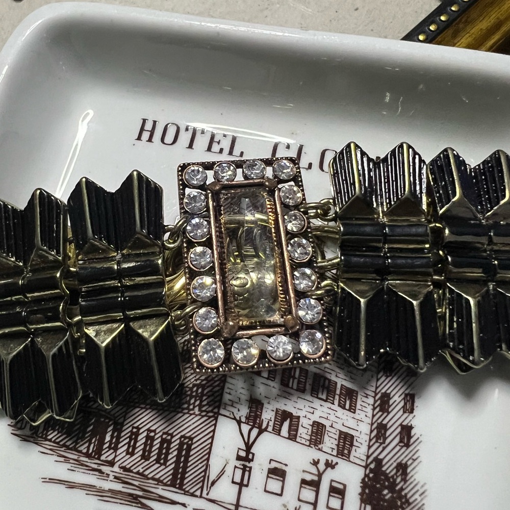 Signed Lulu Frost Black & Gold Bracelet with Rhinestone Accents